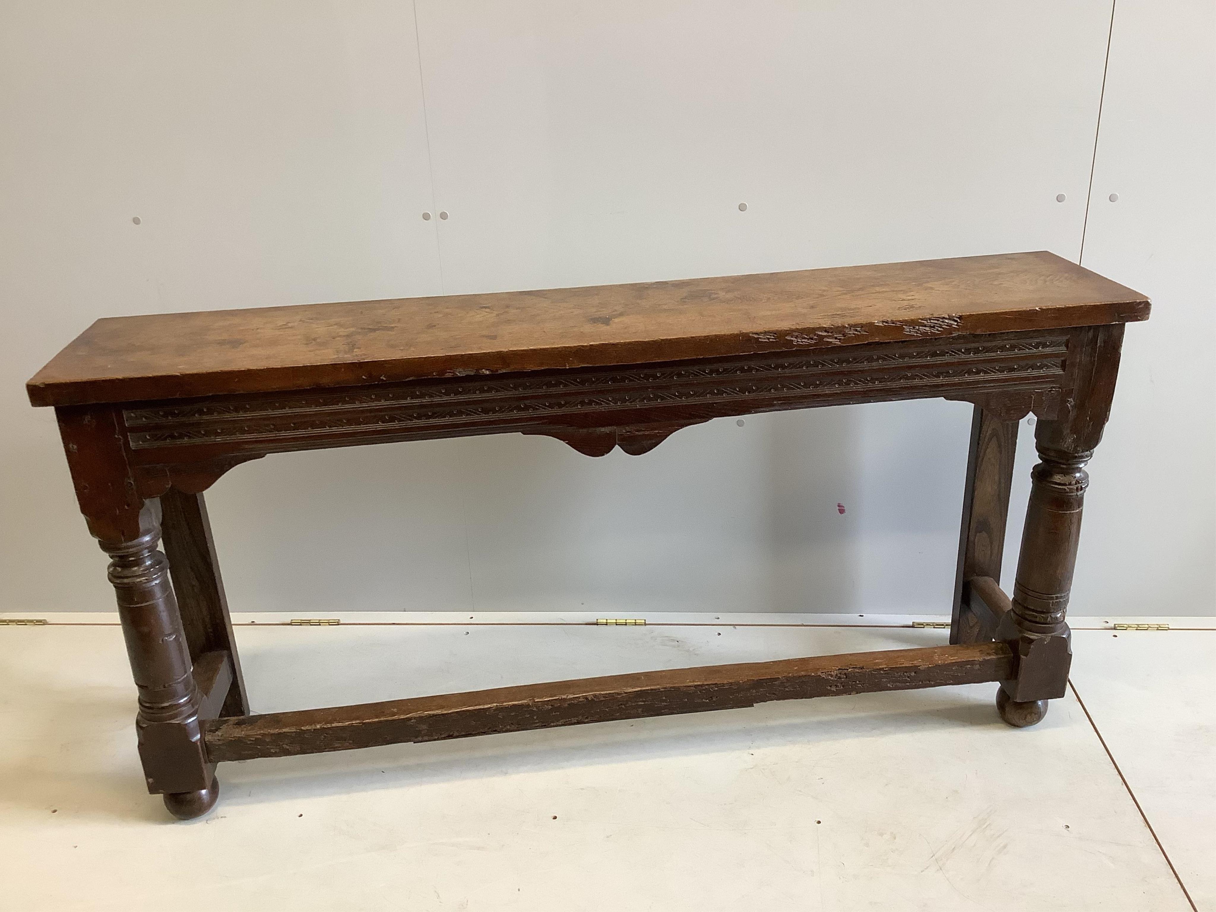 A pair of 18th century style rectangular oak console tables, width 162cm, depth 34cm, height 81cm. Condition - fair